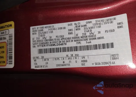 2021 Ford Ranger Xlt z USA, uszkodzony, nr VIN 1FTER1FH8MLD54870